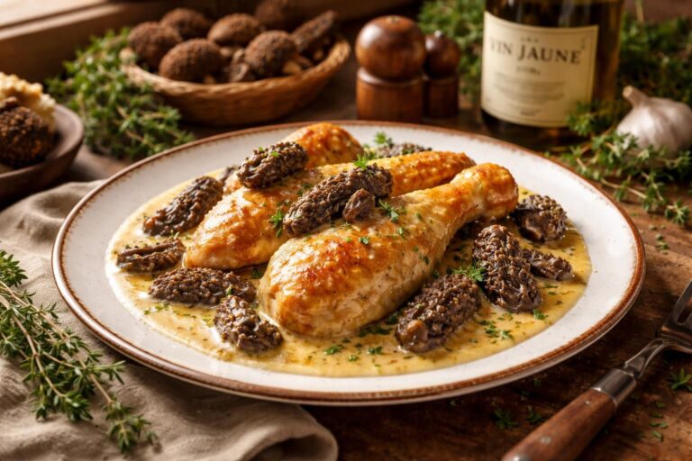 découvrez la recette authentique du poulet aux morilles et au vin jaune du jura, proposée par les carnets de julie. un plat savoureux et traditionnel à savourer.
